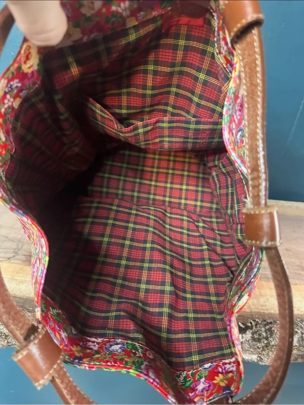 Kenzo Paris Floral Leather Backpack Vintage Drawstring Duffle Bag Tartan Lined